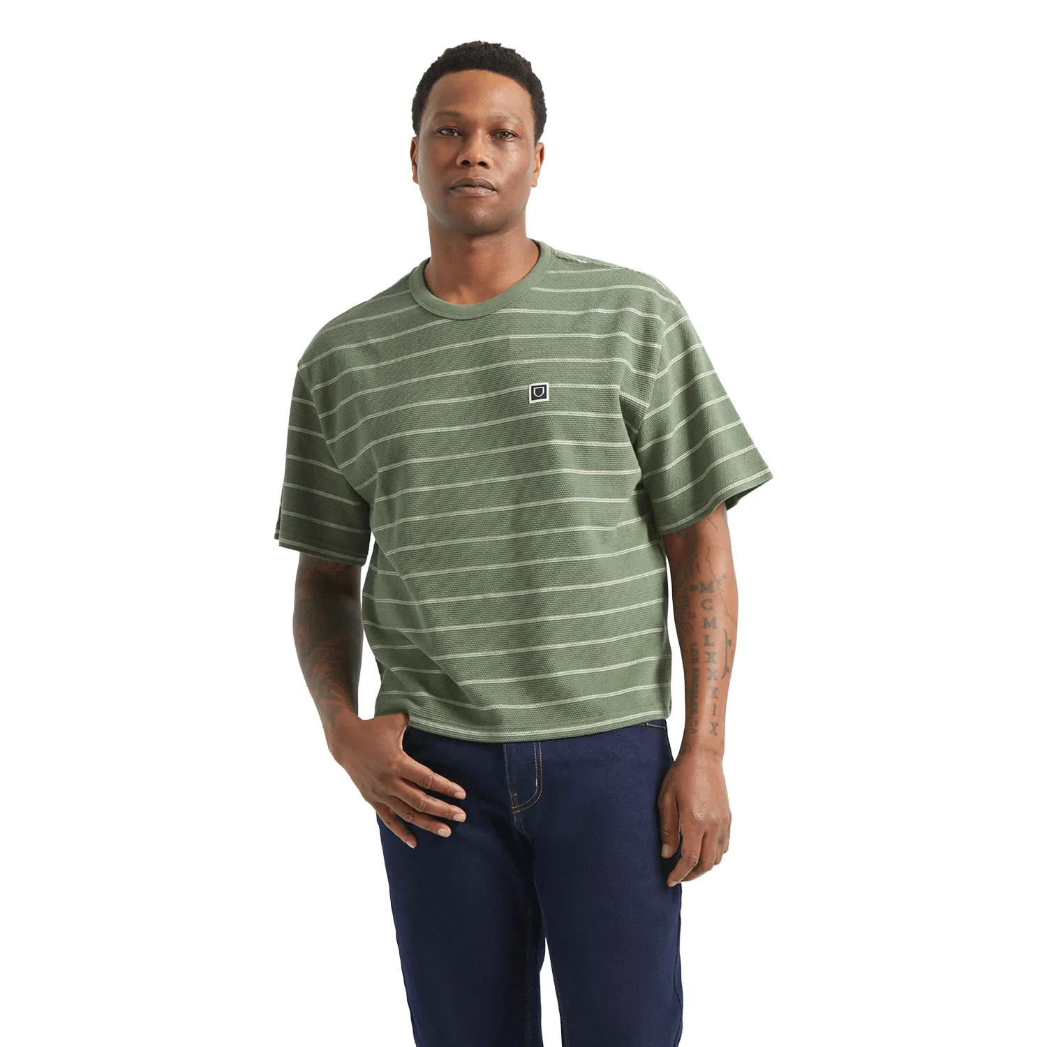 Brixton Men's Shield Pique Boxy Knit T Shirt Dark Olive/Whitecap