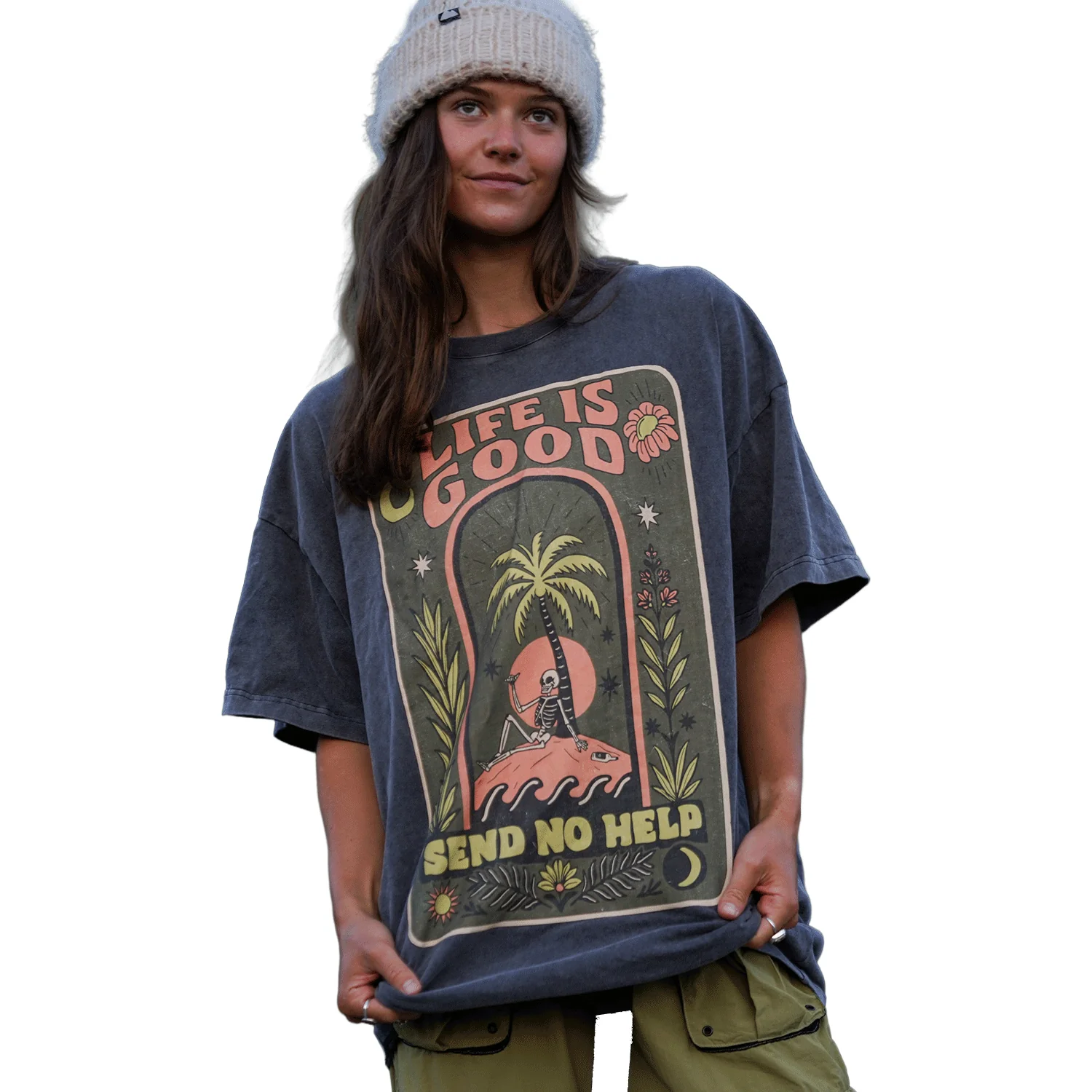 Notice the Reckless Women's Send No Help Oversized T Shirt Acid Washed Black