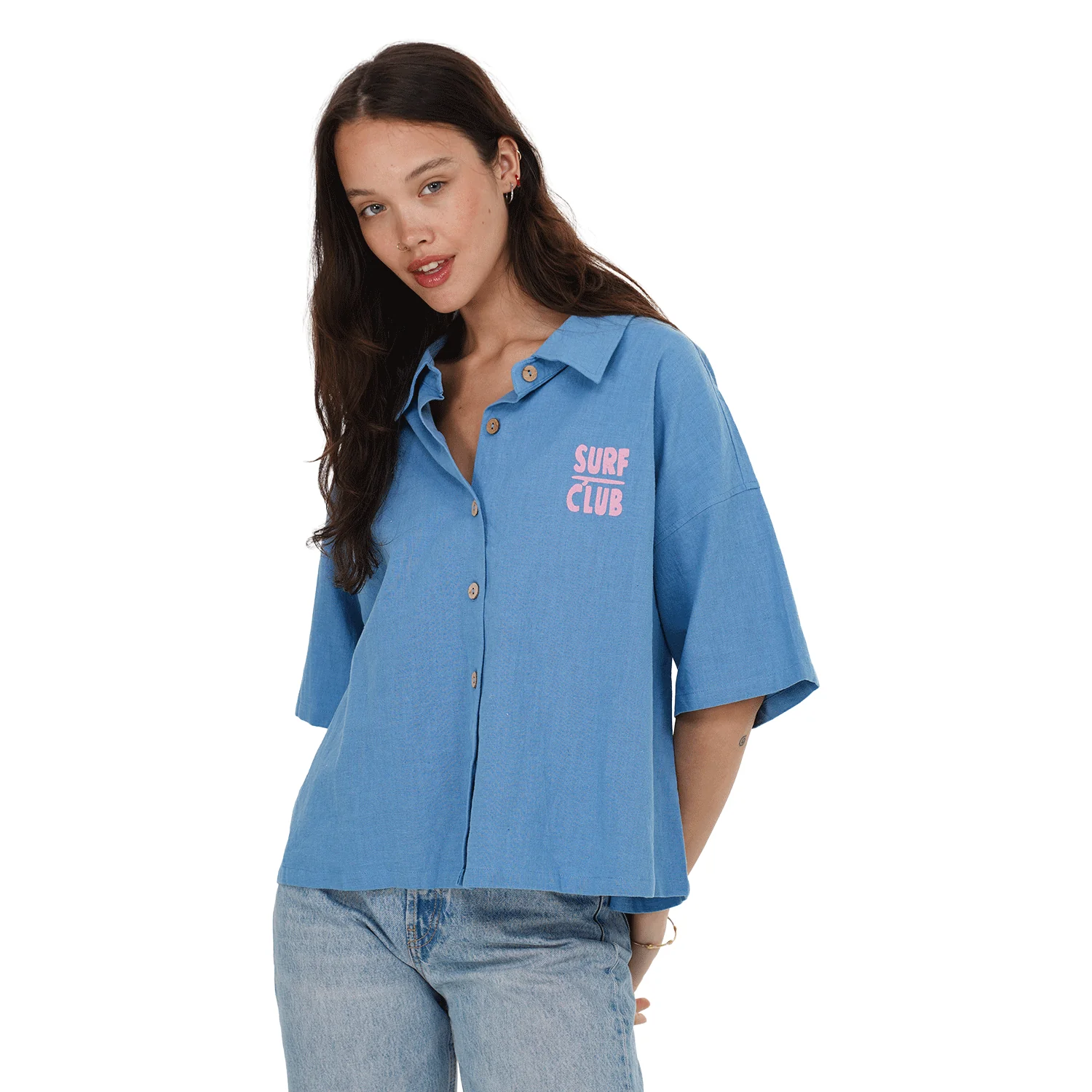 Notice the Reckless Women's Surf Club Shirt Acid Wash Blue